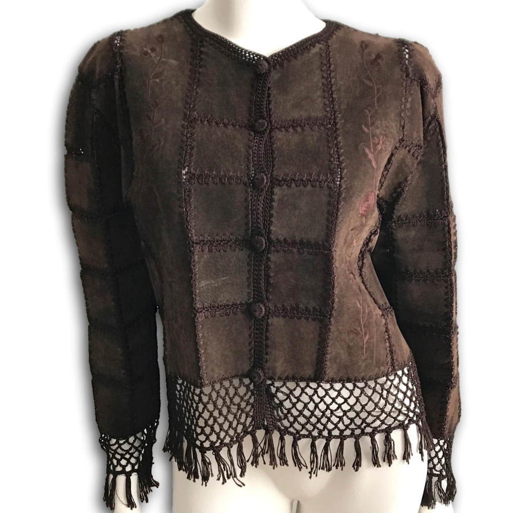 Leather Patchwork Lattice Crochet Fringe Jacket M